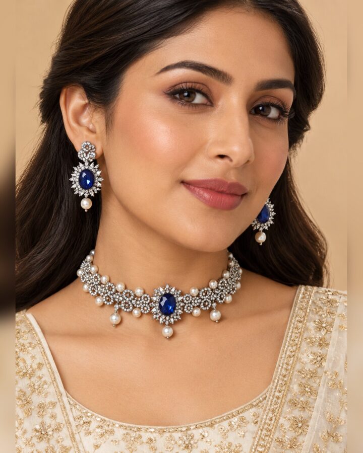 Blue Embellished Choker Set worn view