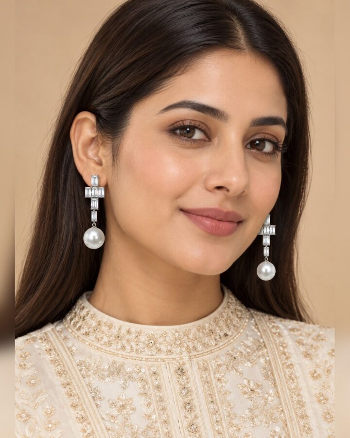 White Zircon Earrings in Silver Tone worn view