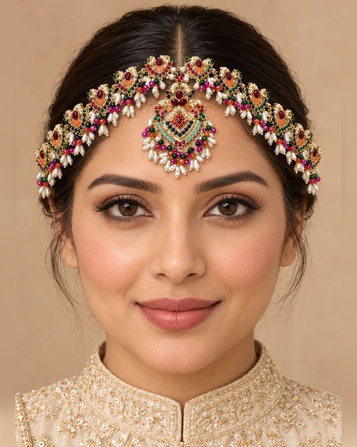 Maroon Nauratan Matha Patti worn view