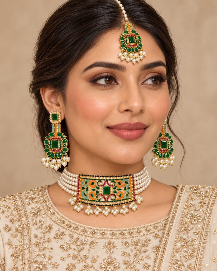 Green Nauratan Choker Set worn view