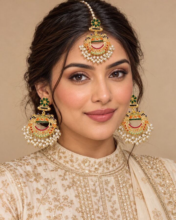 Nauratan Jhumka Bindiya Set worn view