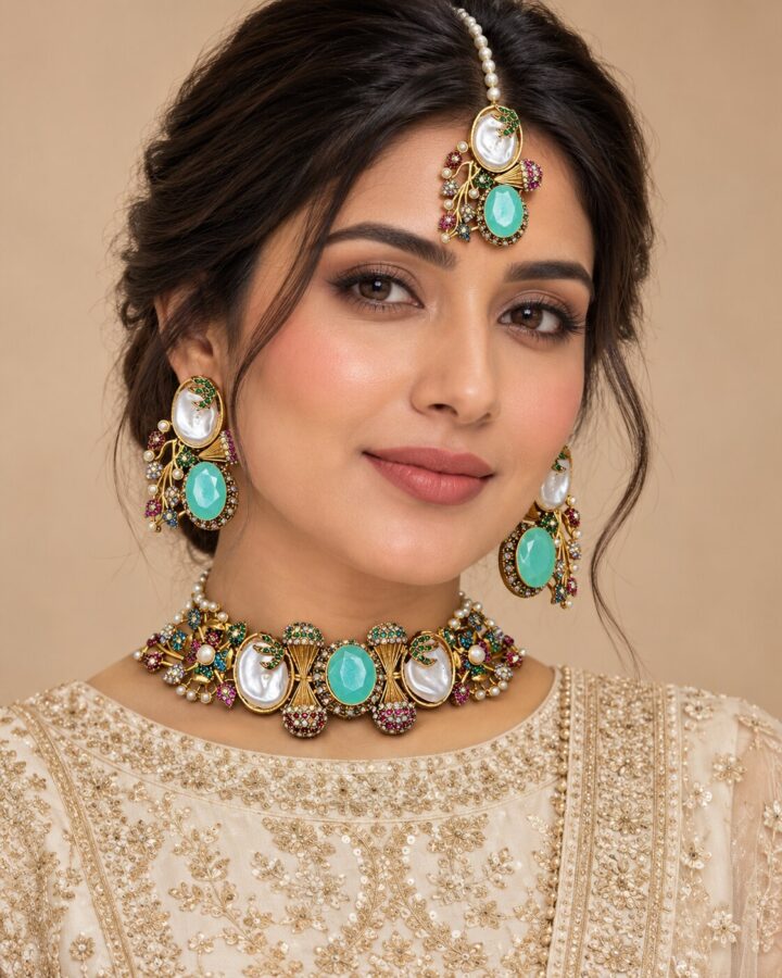 Turkish Choker Set Mint D4 worn view