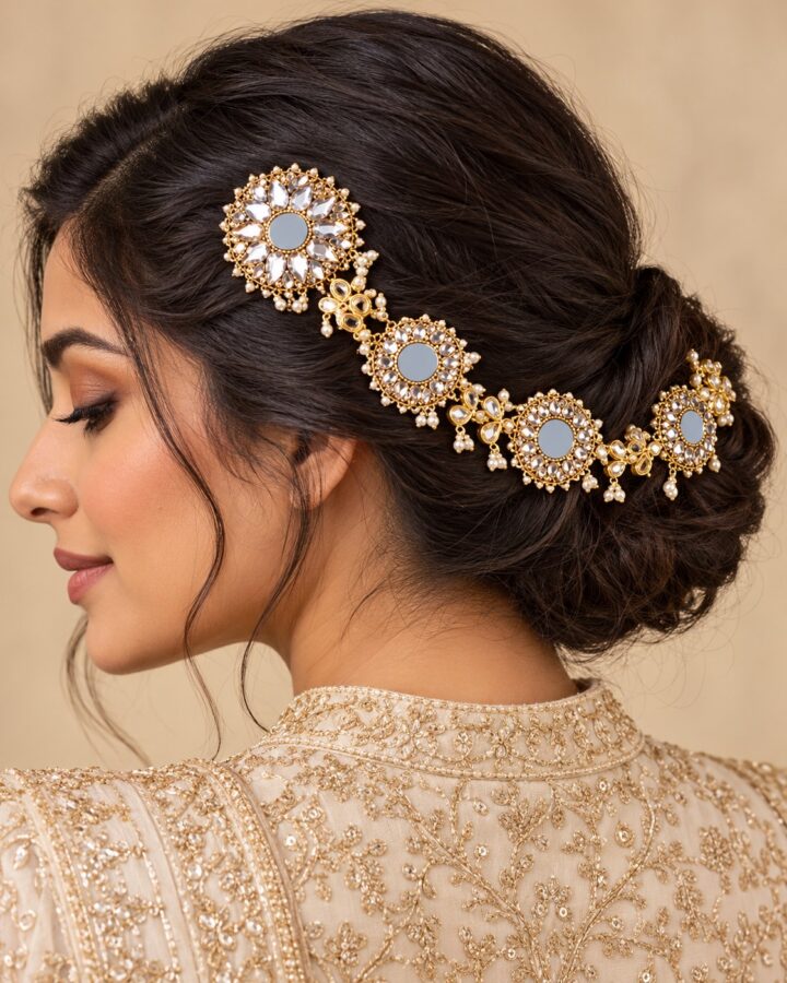 Golden Kundan Hair Accessory worn view
