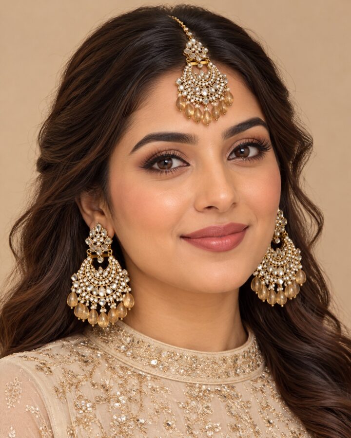 Champagne Kundan Jhumka Bindiya Set worn view