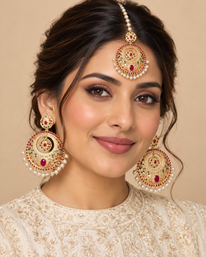 Ruby Nauratan Jhumka Bindiya Set worn view