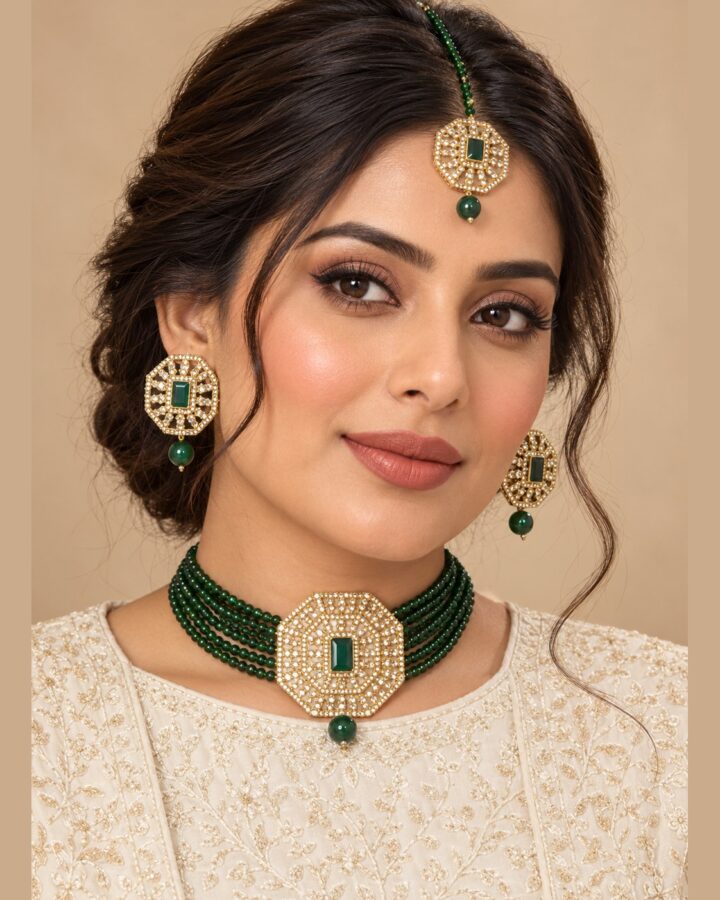 Green Embellished Jewellery Set worn view