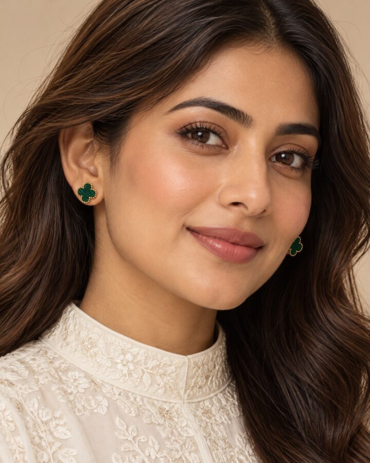 Green Clover Stud Earrings worn view