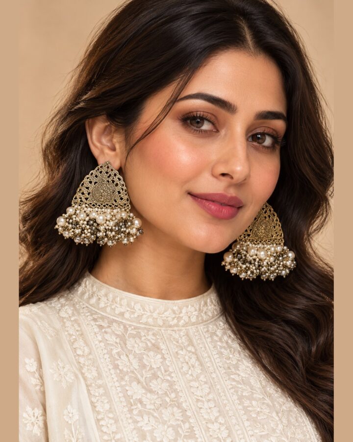 Oxidised Jhumka Earrings worn view