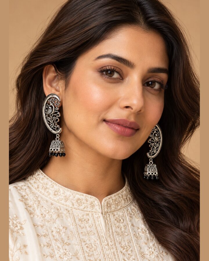 Black Oxidised Earrings worn view