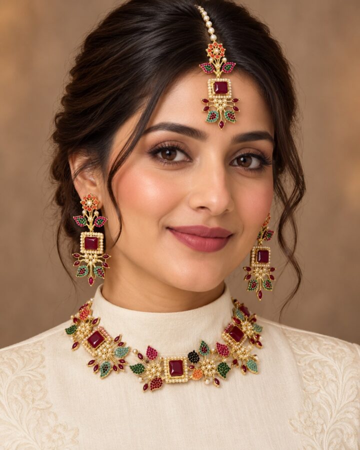 Maroon Kundan Jewellery Set worn view