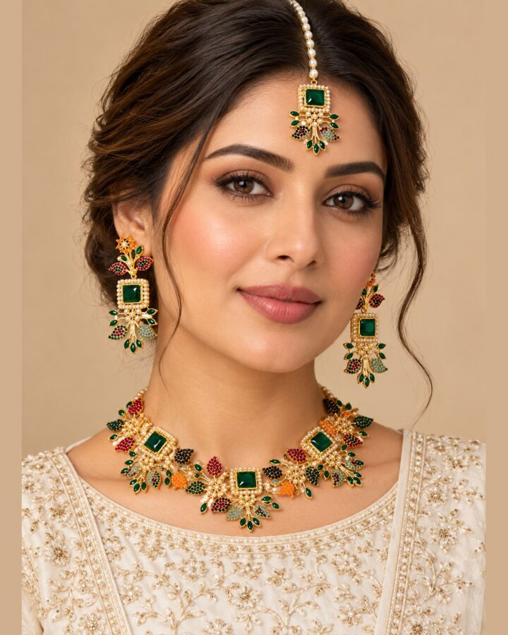 Green Kundan Jewellery Set worn view