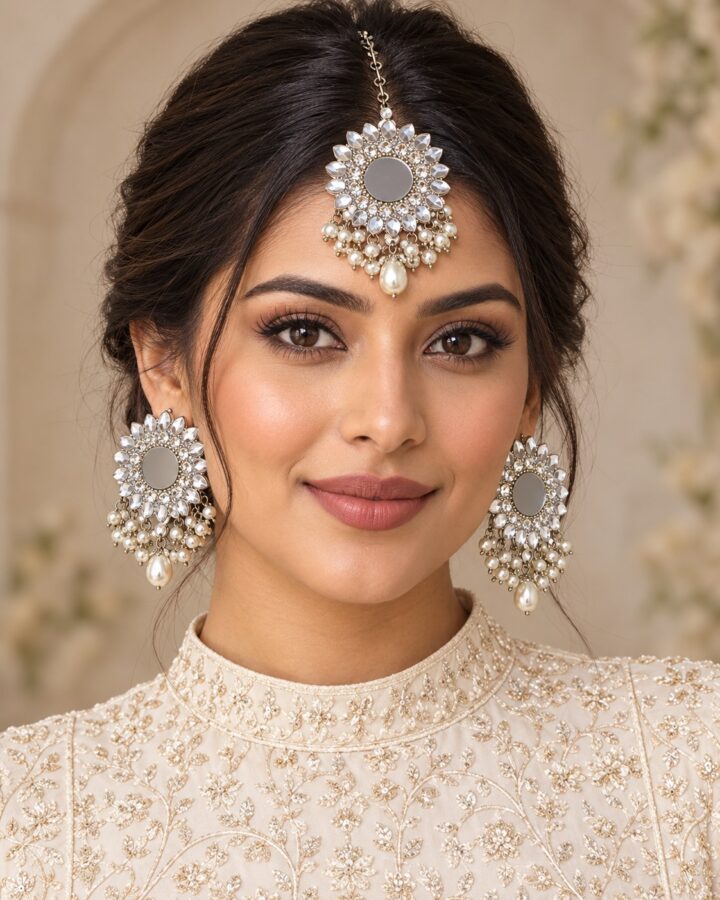 Silver Kundan Jhumka Bindiya Set worn view