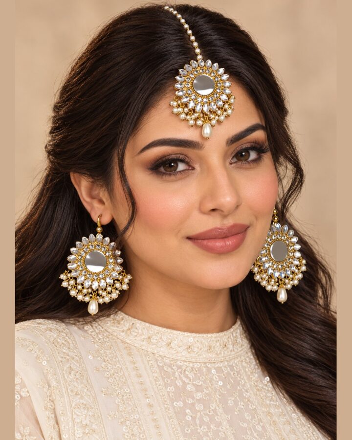 Golden Kundan Jhumka Bindiya Set worn view