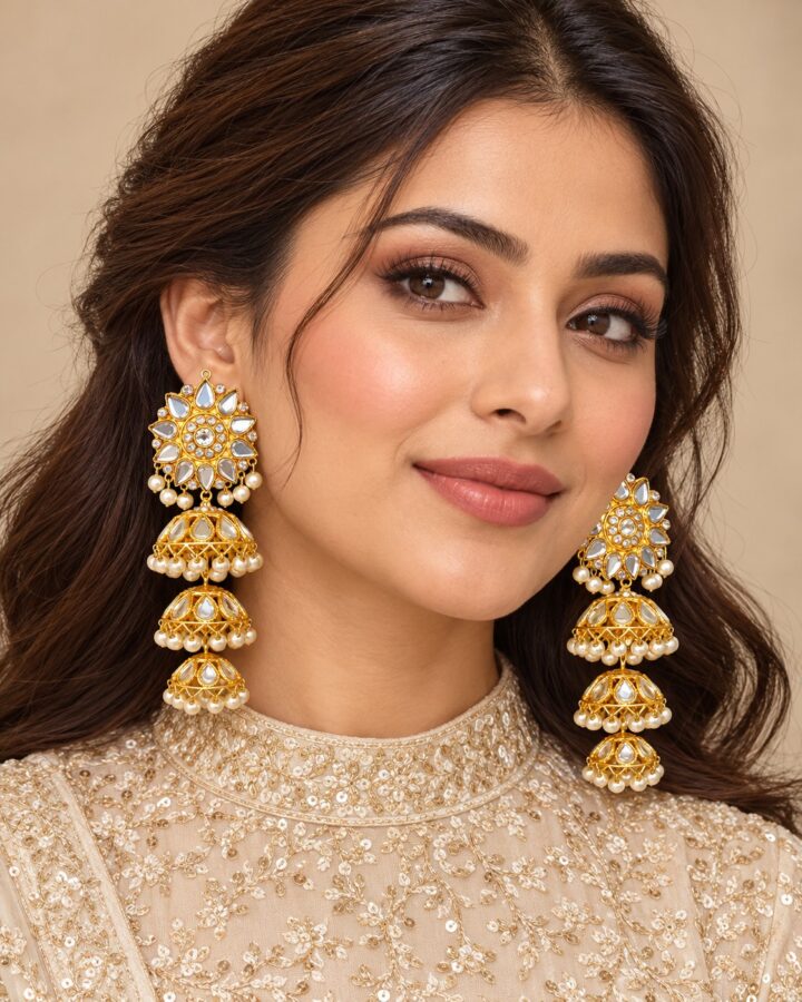 Kundan Jhumka Earrings worn view