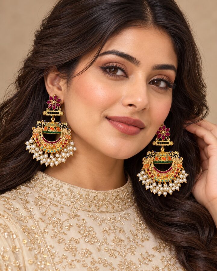 Maroon Nauratan Jhumka Earrings worn view
