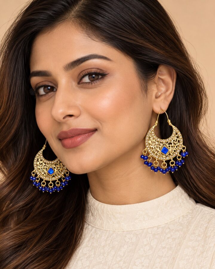 Blue Jhumka Earrings worn view