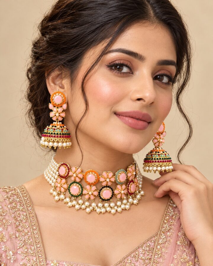 Pink Nauratan Choker Set worn view