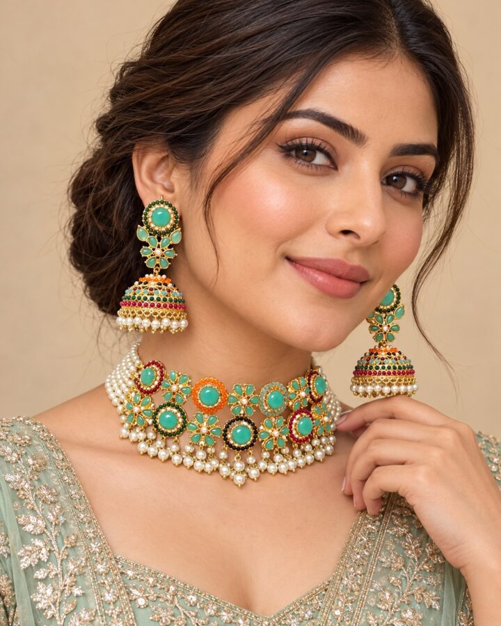 Mint Nauratan Choker Set worn view