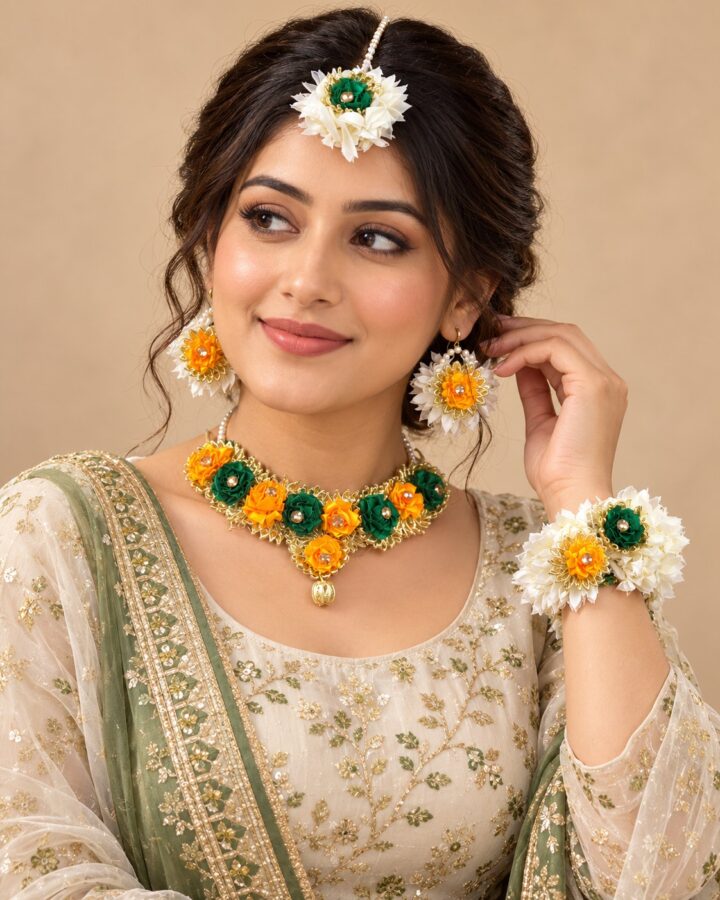 Green and Yellow Flower Jewellery Set worn view